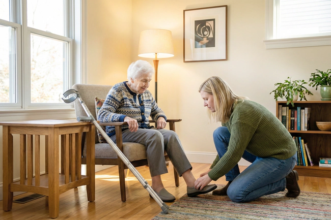 Eine Frau und ihr Vater suchen in Deutschland eine Pflegekraft für eine ältere Person.
